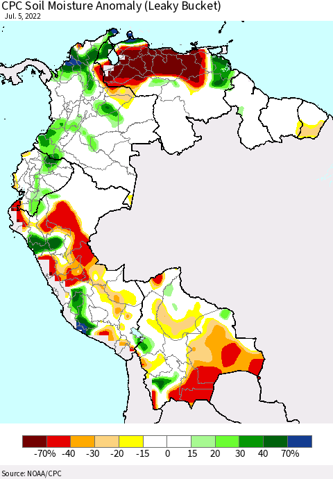 Northern South America CPC Soil Moisture Anomaly (Leaky Bucket) Thematic Map For 7/1/2022 - 7/5/2022