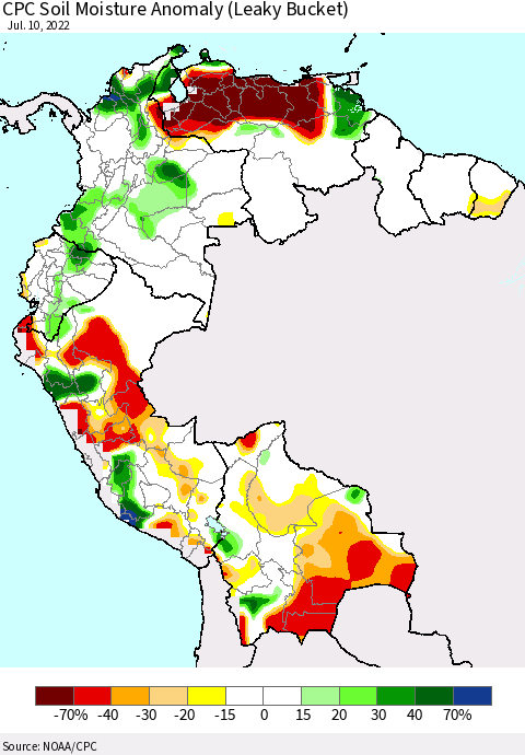 Northern South America CPC Soil Moisture Anomaly (Leaky Bucket) Thematic Map For 7/6/2022 - 7/10/2022