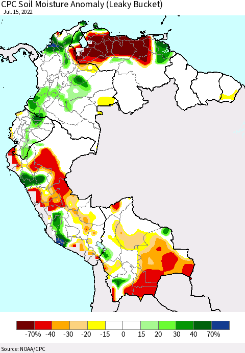 Northern South America CPC Soil Moisture Anomaly (Leaky Bucket) Thematic Map For 7/11/2022 - 7/15/2022