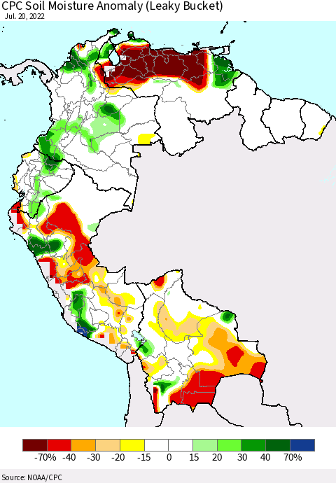 Northern South America CPC Soil Moisture Anomaly (Leaky Bucket) Thematic Map For 7/16/2022 - 7/20/2022
