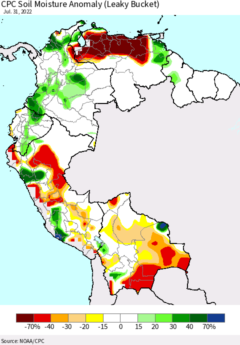Northern South America CPC Soil Moisture Anomaly (Leaky Bucket) Thematic Map For 7/26/2022 - 7/31/2022