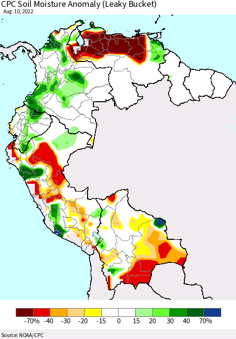 Northern South America CPC Soil Moisture Anomaly (Leaky Bucket) Thematic Map For 8/6/2022 - 8/10/2022