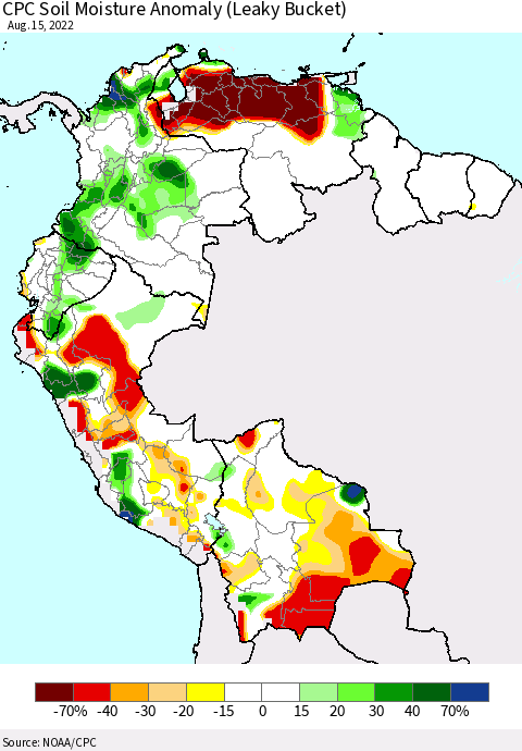 Northern South America CPC Soil Moisture Anomaly (Leaky Bucket) Thematic Map For 8/11/2022 - 8/15/2022