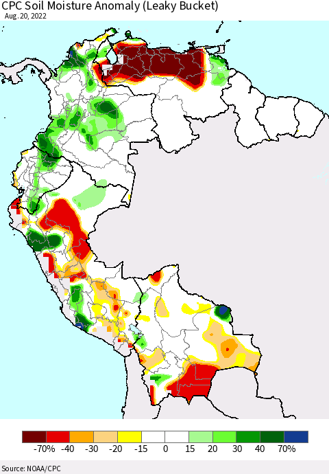 Northern South America CPC Soil Moisture Anomaly (Leaky Bucket) Thematic Map For 8/16/2022 - 8/20/2022