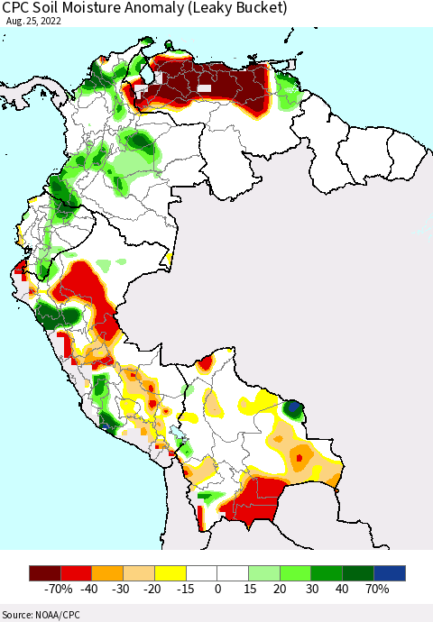 Northern South America CPC Soil Moisture Anomaly (Leaky Bucket) Thematic Map For 8/21/2022 - 8/25/2022