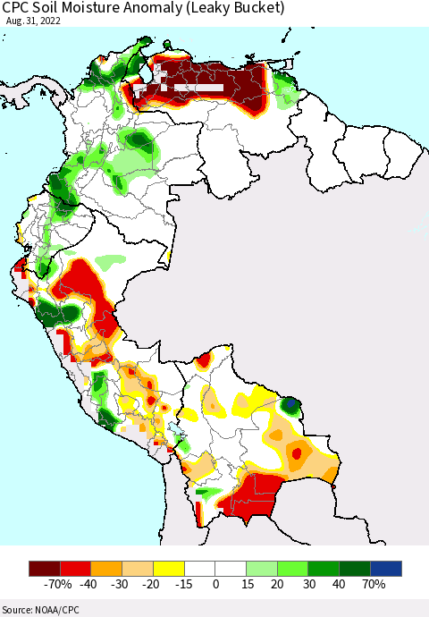 Northern South America CPC Soil Moisture Anomaly (Leaky Bucket) Thematic Map For 8/26/2022 - 8/31/2022