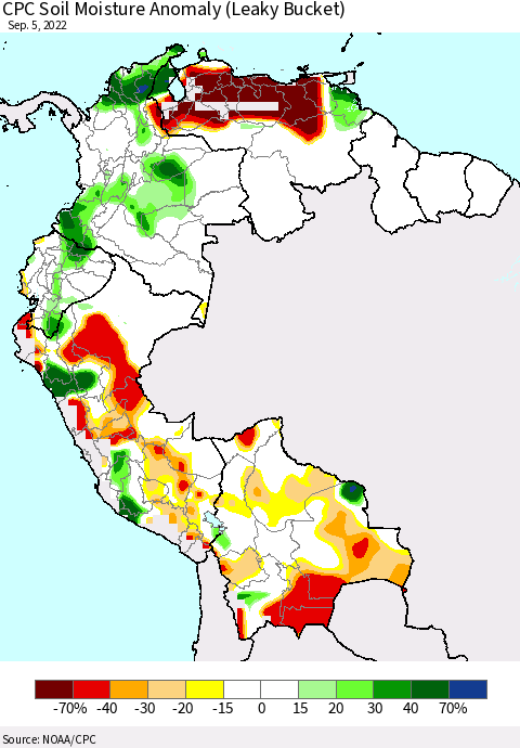 Northern South America CPC Soil Moisture Anomaly (Leaky Bucket) Thematic Map For 9/1/2022 - 9/5/2022