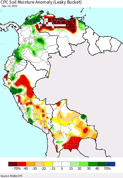 Northern South America CPC Soil Moisture Anomaly (Leaky Bucket) Thematic Map For 9/6/2022 - 9/10/2022
