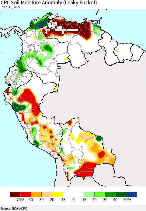 Northern South America CPC Soil Moisture Anomaly (Leaky Bucket) Thematic Map For 9/11/2022 - 9/15/2022