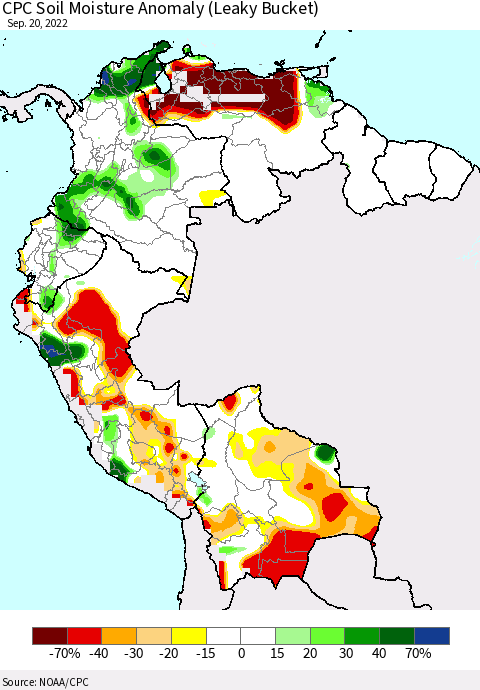Northern South America CPC Soil Moisture Anomaly (Leaky Bucket) Thematic Map For 9/16/2022 - 9/20/2022