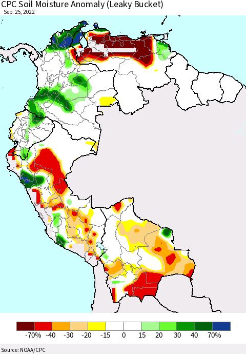 Northern South America CPC Soil Moisture Anomaly (Leaky Bucket) Thematic Map For 9/21/2022 - 9/25/2022