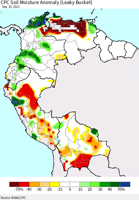 Northern South America CPC Soil Moisture Anomaly (Leaky Bucket) Thematic Map For 9/26/2022 - 9/30/2022