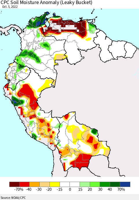 Northern South America CPC Soil Moisture Anomaly (Leaky Bucket) Thematic Map For 10/1/2022 - 10/5/2022