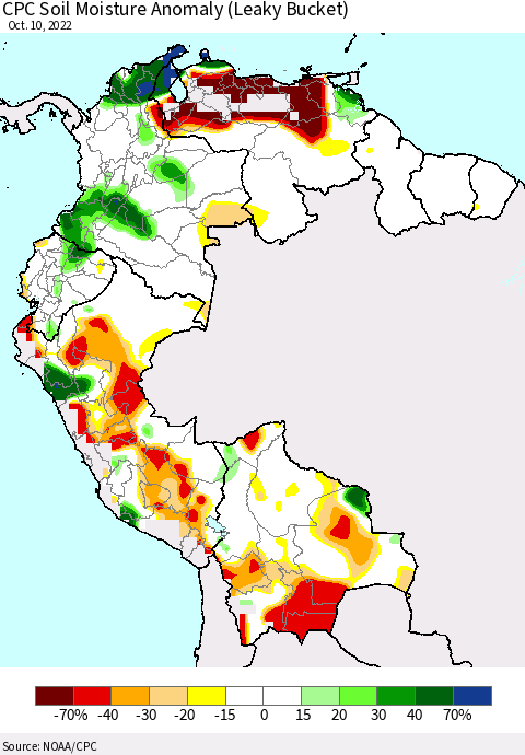 Northern South America CPC Soil Moisture Anomaly (Leaky Bucket) Thematic Map For 10/6/2022 - 10/10/2022