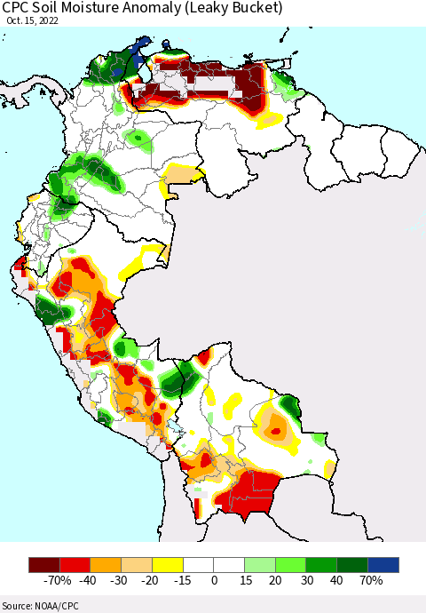 Northern South America CPC Soil Moisture Anomaly (Leaky Bucket) Thematic Map For 10/11/2022 - 10/15/2022
