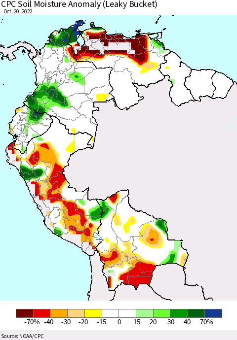 Northern South America CPC Soil Moisture Anomaly (Leaky Bucket) Thematic Map For 10/16/2022 - 10/20/2022