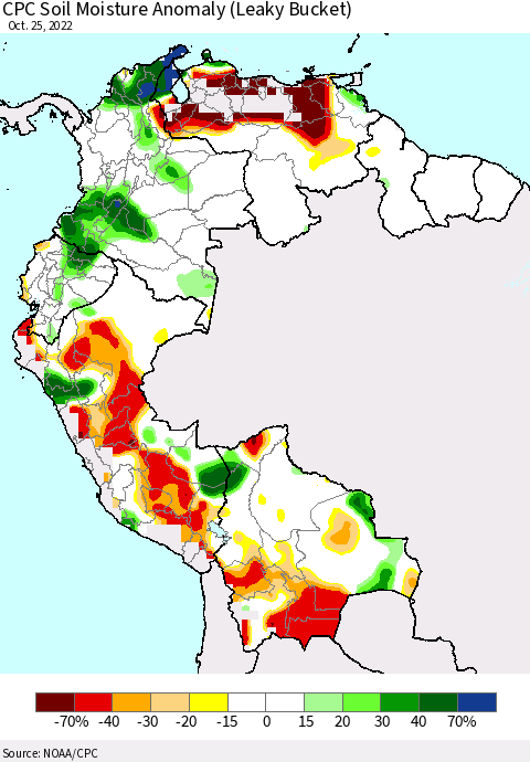 Northern South America CPC Soil Moisture Anomaly (Leaky Bucket) Thematic Map For 10/21/2022 - 10/25/2022