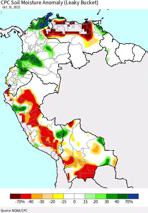 Northern South America CPC Soil Moisture Anomaly (Leaky Bucket) Thematic Map For 10/26/2022 - 10/31/2022