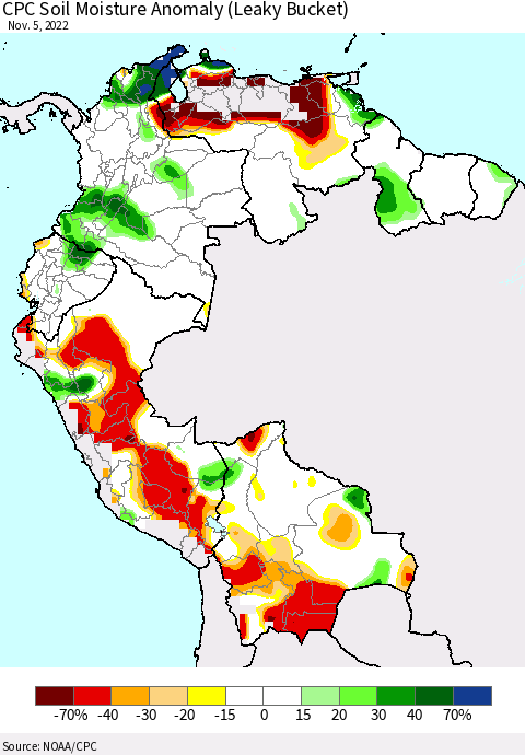 Northern South America CPC Soil Moisture Anomaly (Leaky Bucket) Thematic Map For 11/1/2022 - 11/5/2022