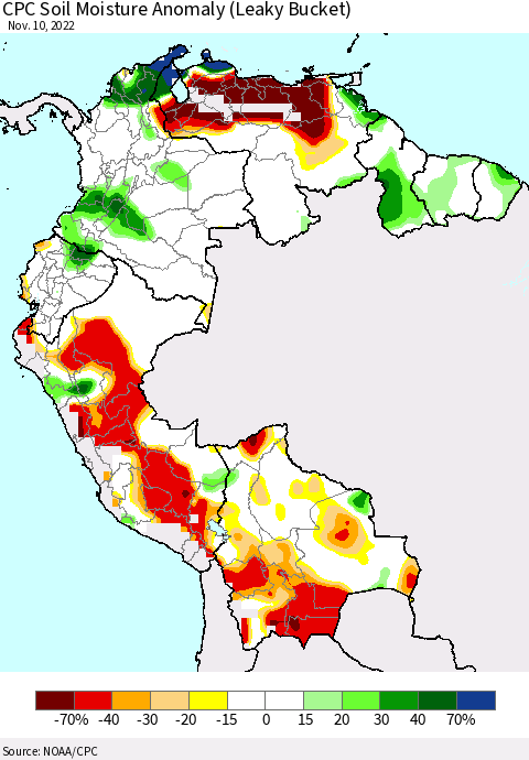 Northern South America CPC Soil Moisture Anomaly (Leaky Bucket) Thematic Map For 11/6/2022 - 11/10/2022