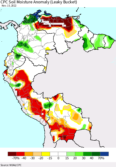 Northern South America CPC Soil Moisture Anomaly (Leaky Bucket) Thematic Map For 11/11/2022 - 11/15/2022