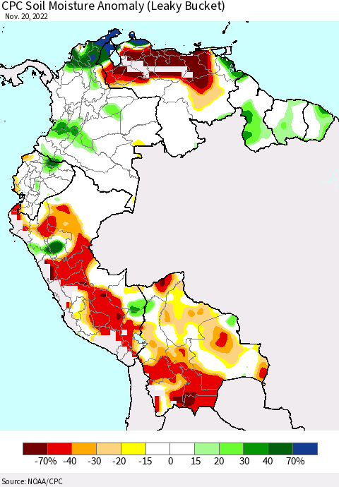 Northern South America CPC Soil Moisture Anomaly (Leaky Bucket) Thematic Map For 11/16/2022 - 11/20/2022
