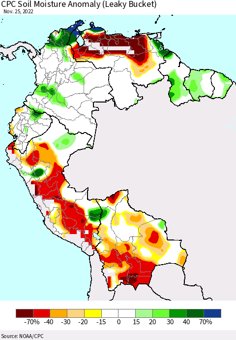 Northern South America CPC Soil Moisture Anomaly (Leaky Bucket) Thematic Map For 11/21/2022 - 11/25/2022