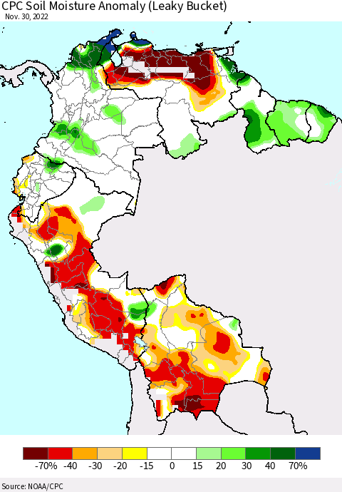 Northern South America CPC Soil Moisture Anomaly (Leaky Bucket) Thematic Map For 11/26/2022 - 11/30/2022