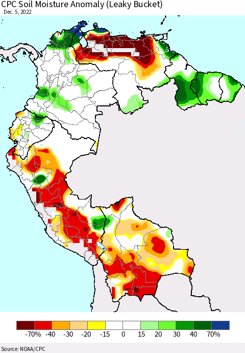 Northern South America CPC Soil Moisture Anomaly (Leaky Bucket) Thematic Map For 12/1/2022 - 12/5/2022