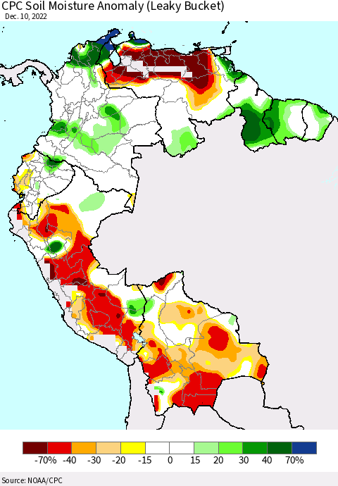 Northern South America CPC Soil Moisture Anomaly (Leaky Bucket) Thematic Map For 12/6/2022 - 12/10/2022
