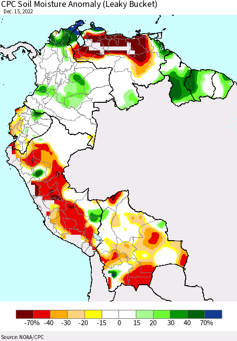Northern South America CPC Soil Moisture Anomaly (Leaky Bucket) Thematic Map For 12/11/2022 - 12/15/2022