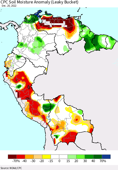 Northern South America CPC Soil Moisture Anomaly (Leaky Bucket) Thematic Map For 12/16/2022 - 12/20/2022