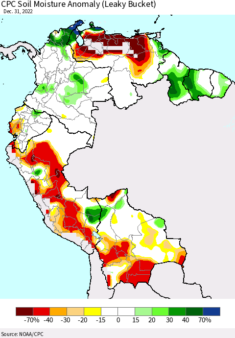Northern South America CPC Soil Moisture Anomaly (Leaky Bucket) Thematic Map For 12/26/2022 - 12/31/2022