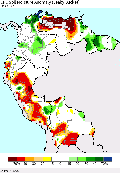 Northern South America CPC Soil Moisture Anomaly (Leaky Bucket) Thematic Map For 1/1/2023 - 1/5/2023