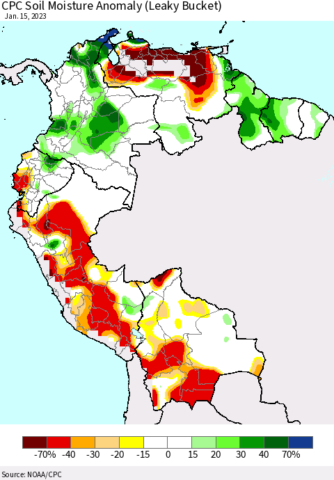 Northern South America CPC Soil Moisture Anomaly (Leaky Bucket) Thematic Map For 1/11/2023 - 1/15/2023