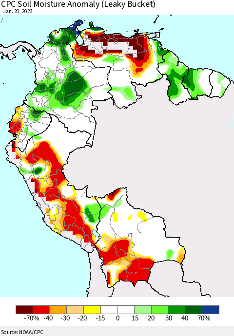 Northern South America CPC Soil Moisture Anomaly (Leaky Bucket) Thematic Map For 1/16/2023 - 1/20/2023