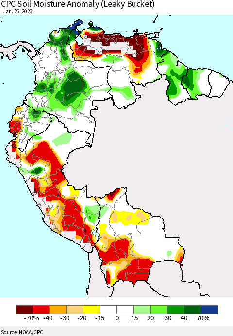 Northern South America CPC Soil Moisture Anomaly (Leaky Bucket) Thematic Map For 1/21/2023 - 1/25/2023