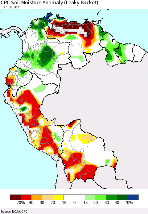 Northern South America CPC Soil Moisture Anomaly (Leaky Bucket) Thematic Map For 1/26/2023 - 1/31/2023