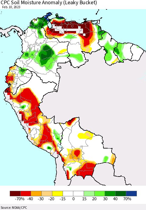 Northern South America CPC Soil Moisture Anomaly (Leaky Bucket) Thematic Map For 2/6/2023 - 2/10/2023
