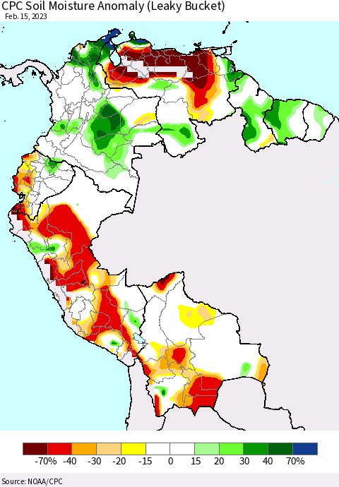 Northern South America CPC Soil Moisture Anomaly (Leaky Bucket) Thematic Map For 2/11/2023 - 2/15/2023