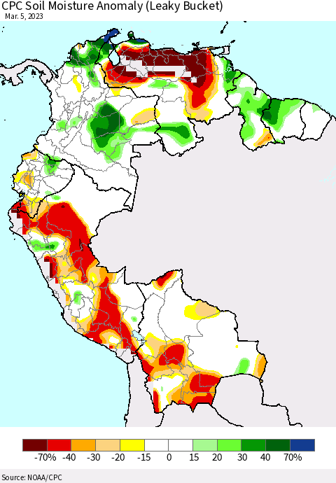 Northern South America CPC Soil Moisture Anomaly (Leaky Bucket) Thematic Map For 3/1/2023 - 3/5/2023