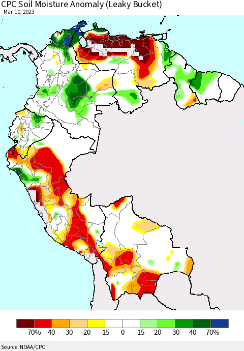 Northern South America CPC Soil Moisture Anomaly (Leaky Bucket) Thematic Map For 3/6/2023 - 3/10/2023