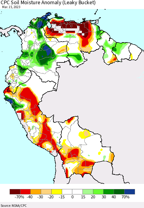 Northern South America CPC Soil Moisture Anomaly (Leaky Bucket) Thematic Map For 3/11/2023 - 3/15/2023