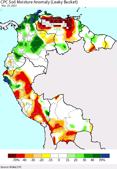 Northern South America CPC Soil Moisture Anomaly (Leaky Bucket) Thematic Map For 3/21/2023 - 3/25/2023