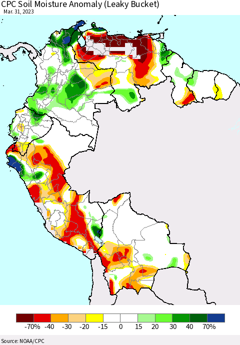 Northern South America CPC Soil Moisture Anomaly (Leaky Bucket) Thematic Map For 3/26/2023 - 3/31/2023