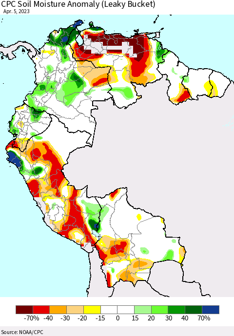 Northern South America CPC Soil Moisture Anomaly (Leaky Bucket) Thematic Map For 4/1/2023 - 4/5/2023