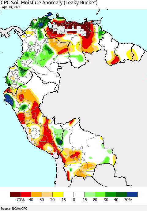 Northern South America CPC Soil Moisture Anomaly (Leaky Bucket) Thematic Map For 4/6/2023 - 4/10/2023