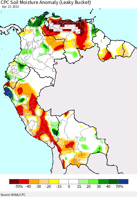 Northern South America CPC Soil Moisture Anomaly (Leaky Bucket) Thematic Map For 4/11/2023 - 4/15/2023