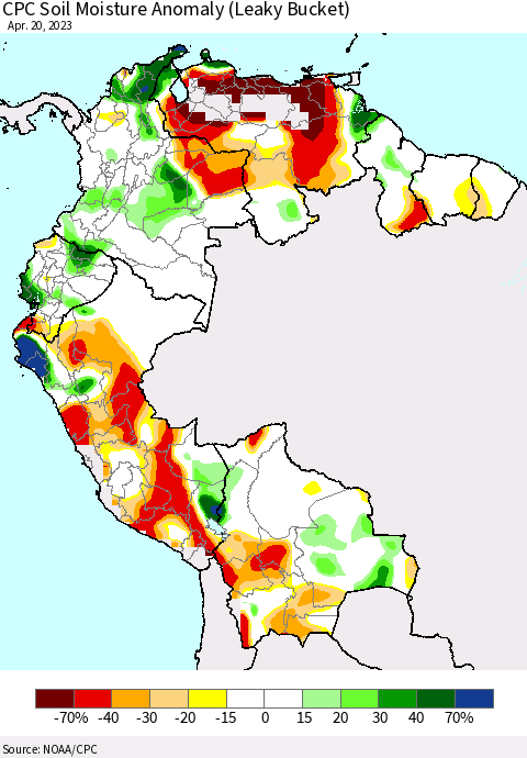 Northern South America CPC Soil Moisture Anomaly (Leaky Bucket) Thematic Map For 4/16/2023 - 4/20/2023