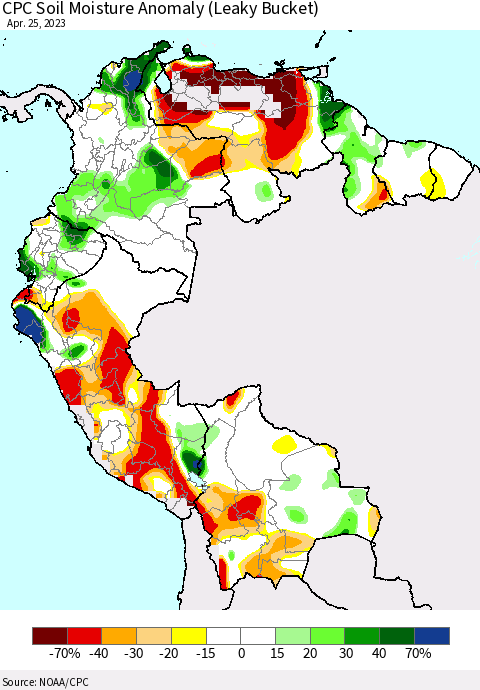 Northern South America CPC Soil Moisture Anomaly (Leaky Bucket) Thematic Map For 4/21/2023 - 4/25/2023